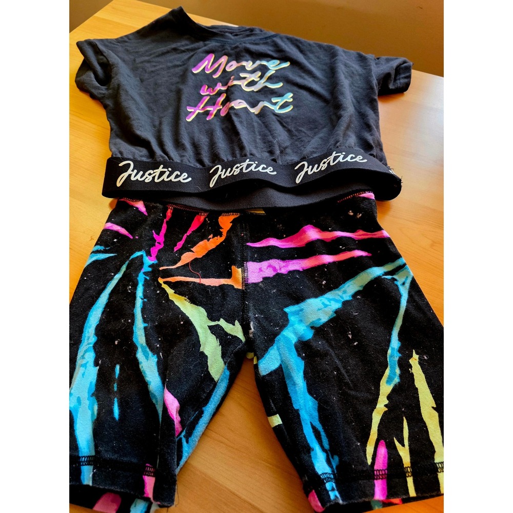 Justice Girls 2pc Set Move With Heart Graphic Tee/Tie Dye Bike Shorts Size 7/8